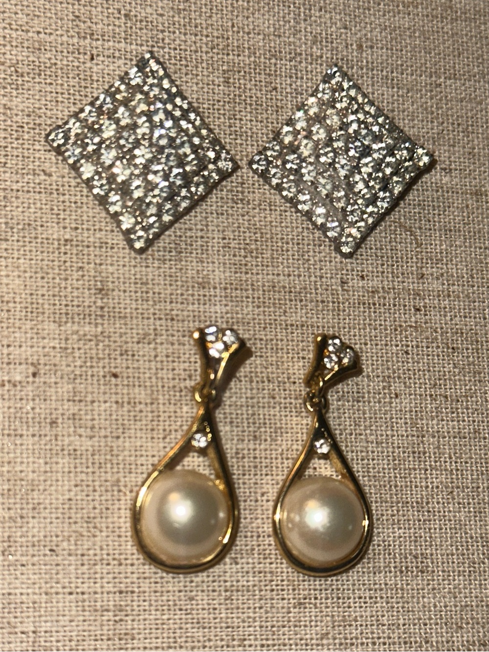 2 pairs -Elegant Gold-tone Pearl Drop Earrings and Sparkling Pyramids